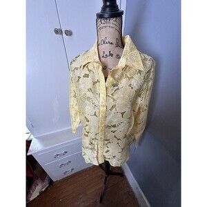 NWT Alfred Dunner Size 14 Sheer Floral Blouse Yellow Boho Beach Vacay Cruise